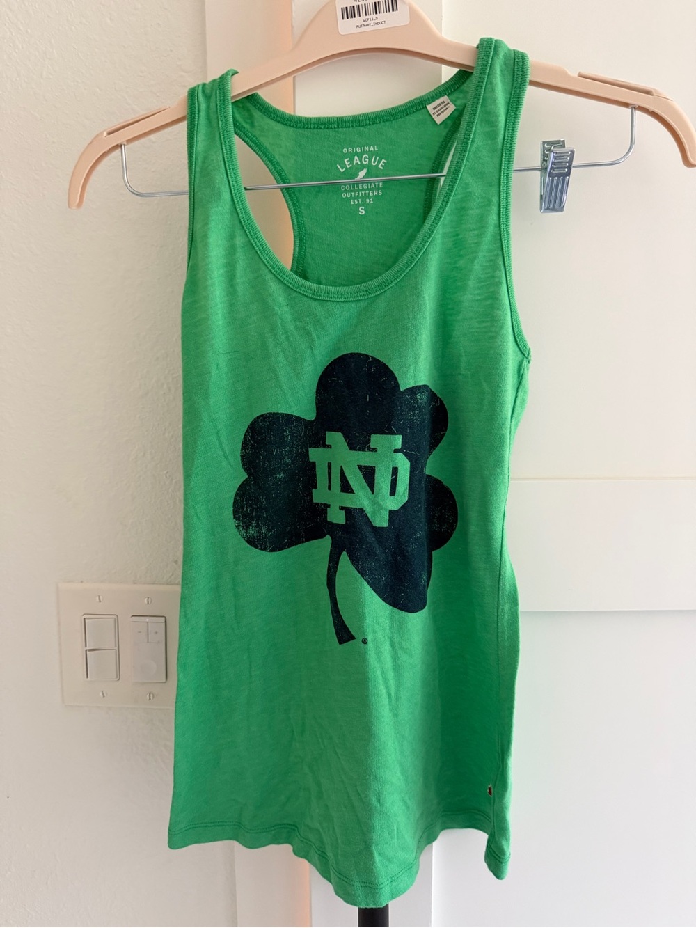 League Green Tank Top with Navy Notre Dame Shamrock